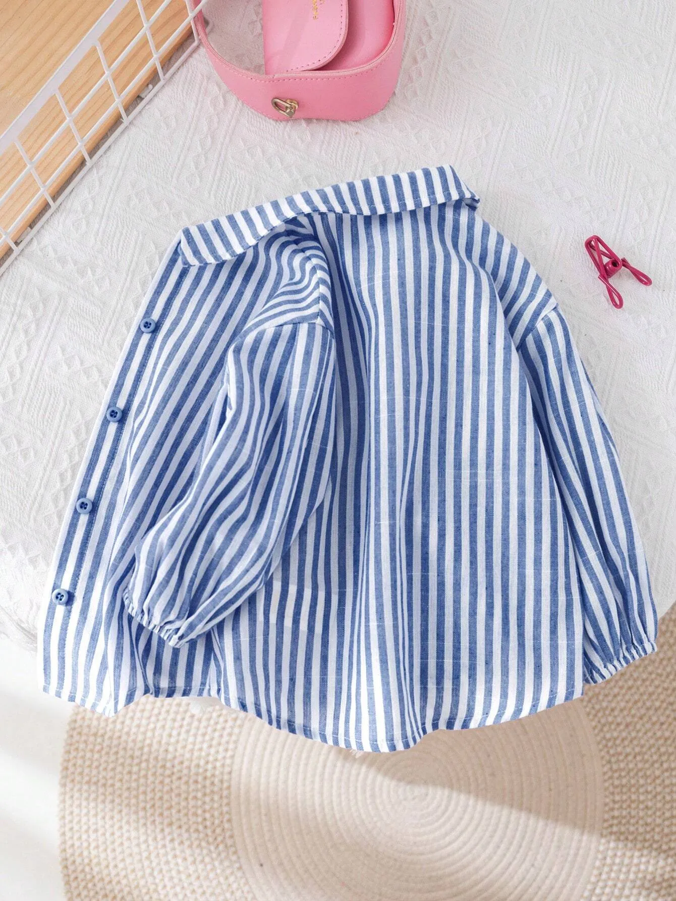 10pcs Fall & 5pcs Winter Young Girl Woven Striped Lapel Loose Casual Blouse, Blue & White