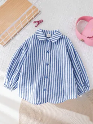 10pcs Fall & 5pcs Winter Young Girl Woven Striped Lapel Loose Casual Blouse, Blue & White