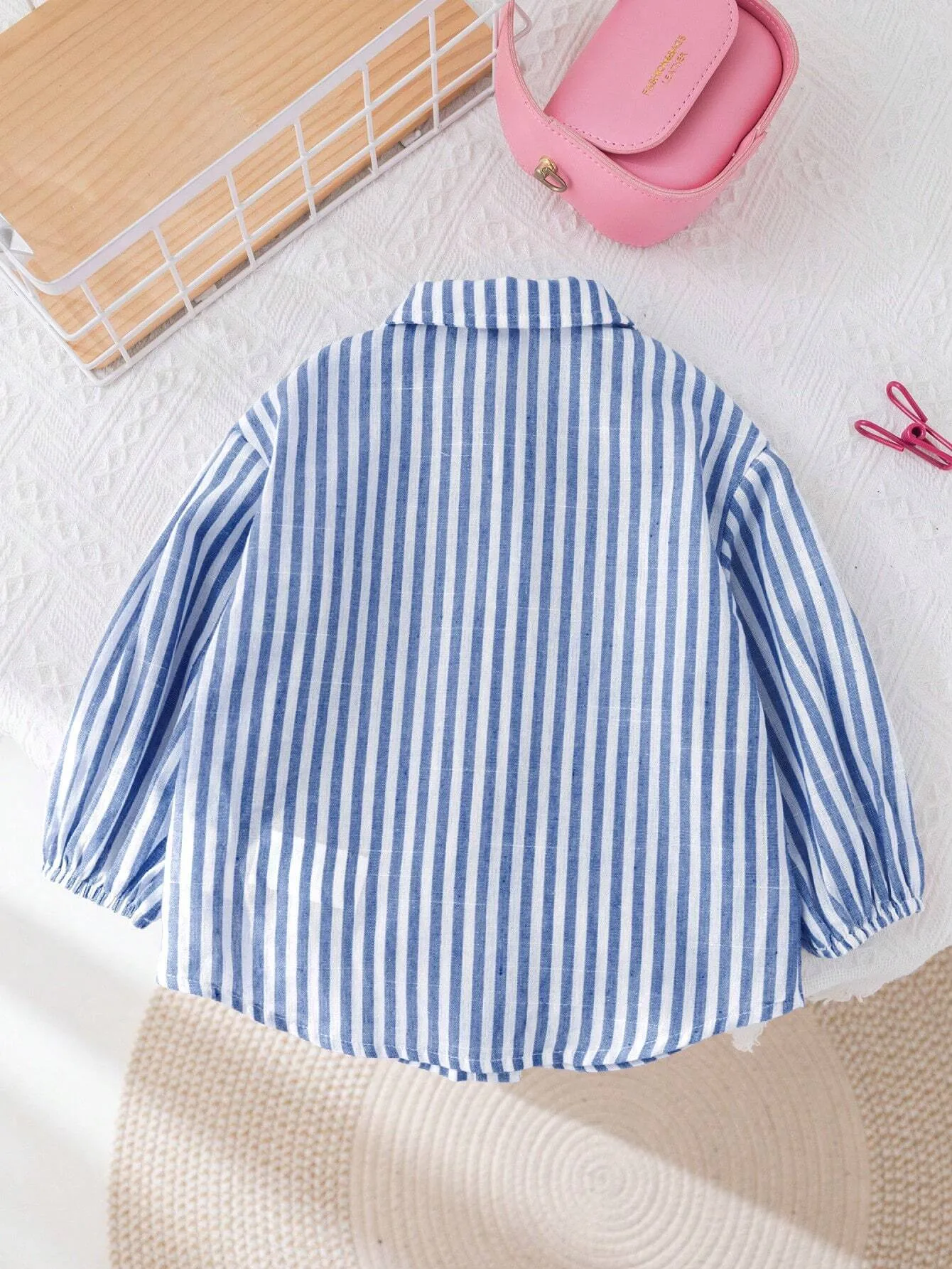 10pcs Fall & 5pcs Winter Young Girl Woven Striped Lapel Loose Casual Blouse, Blue & White