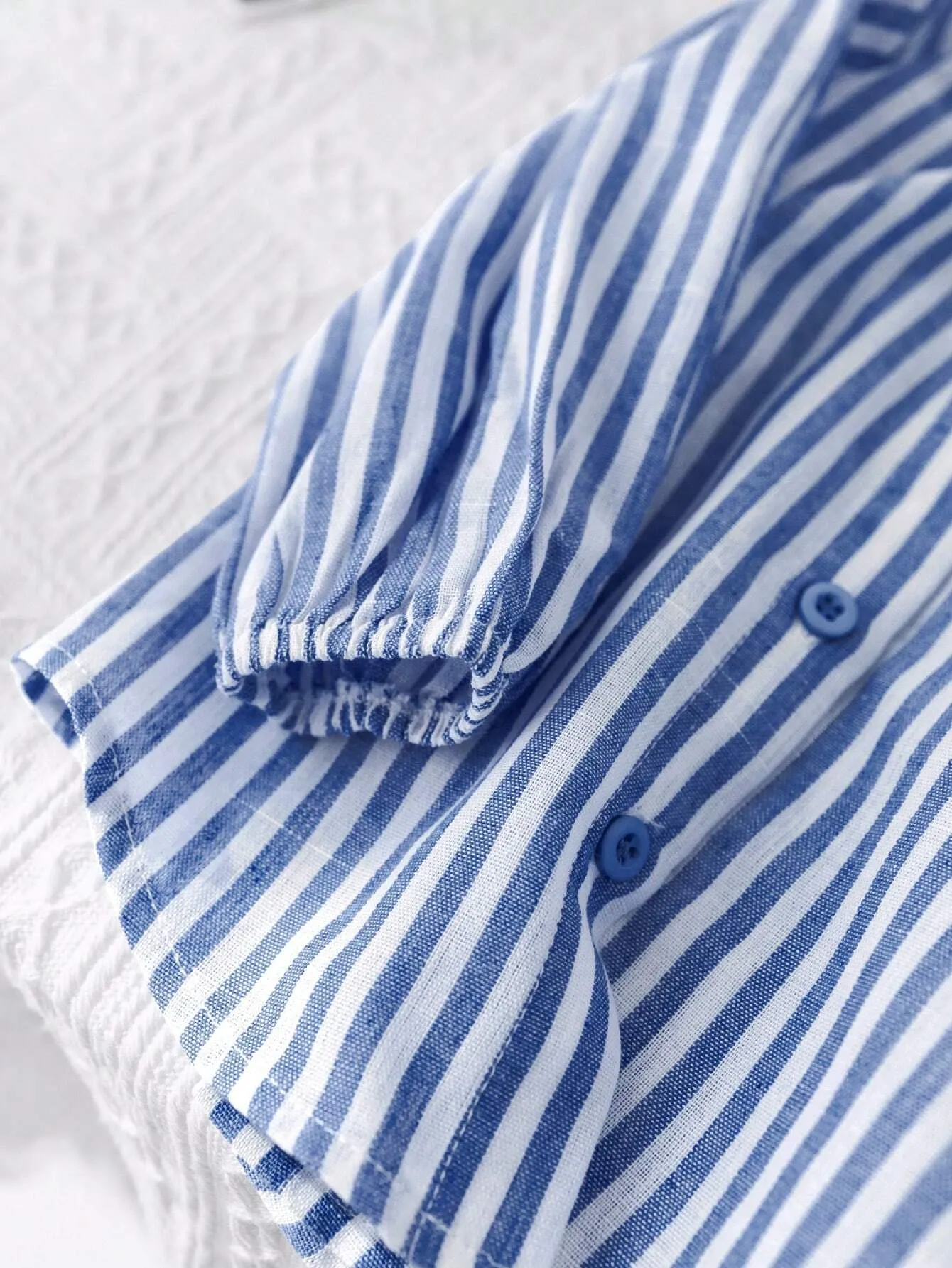 10pcs Fall & 5pcs Winter Young Girl Woven Striped Lapel Loose Casual Blouse, Blue & White