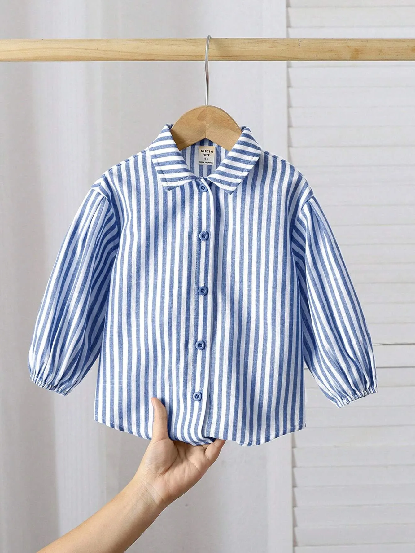 10pcs Fall & 5pcs Winter Young Girl Woven Striped Lapel Loose Casual Blouse, Blue & White