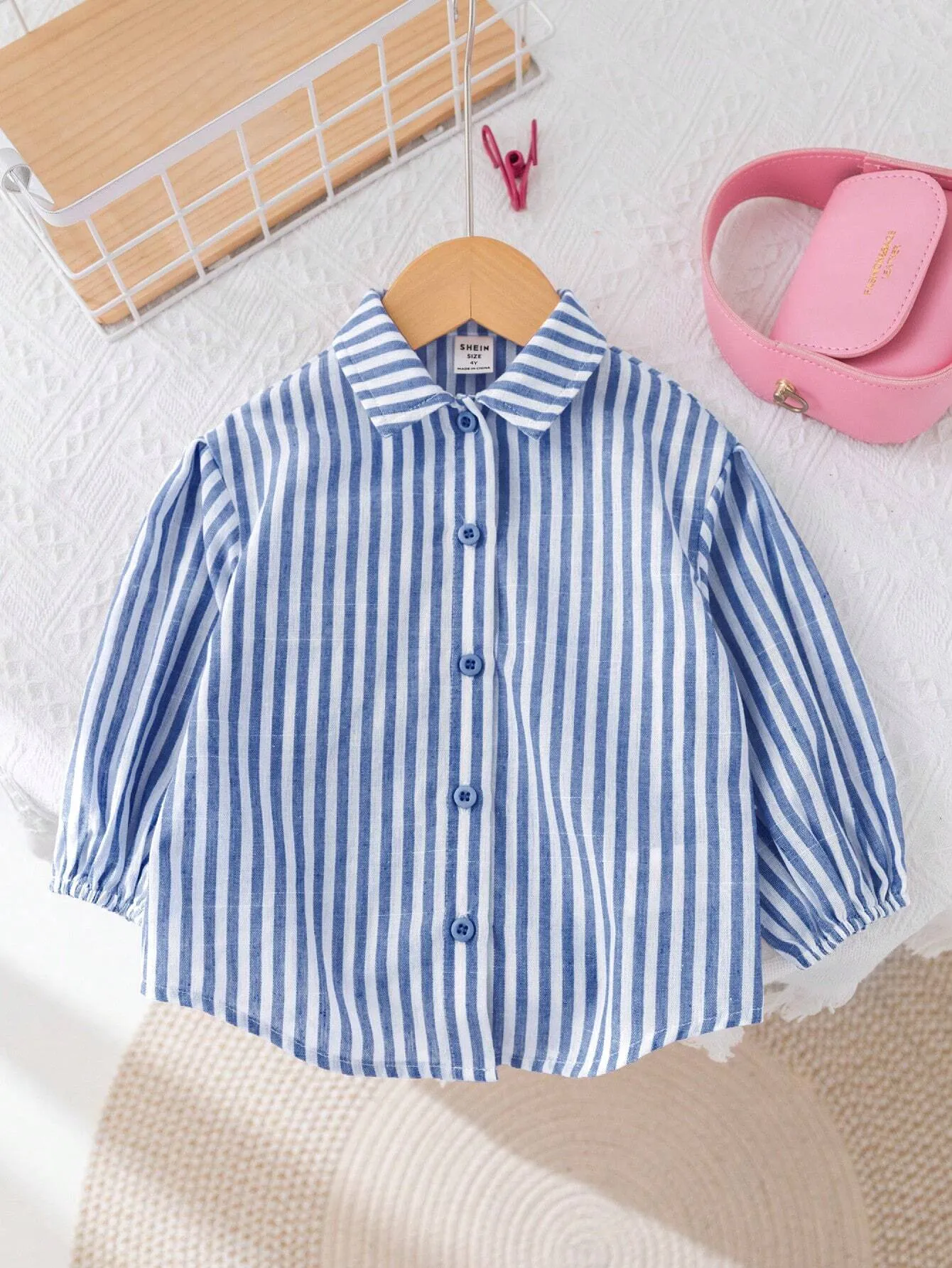 10pcs Fall & 5pcs Winter Young Girl Woven Striped Lapel Loose Casual Blouse, Blue & White
