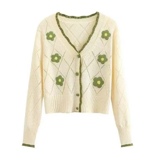 2021 Spring Autumn Women Hollow Out Knitted Cardigan Lady Sweet Floral