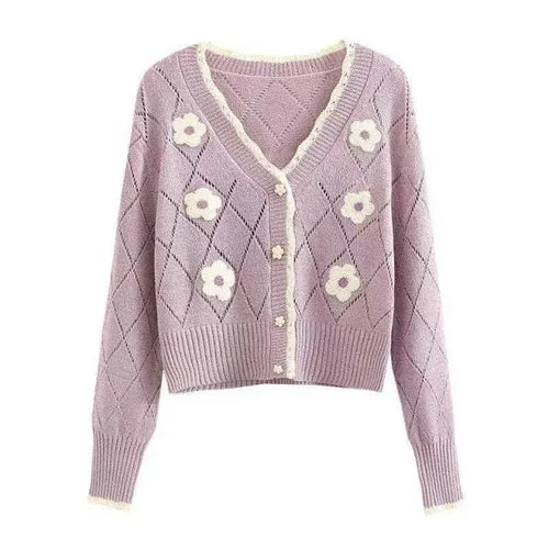 2021 Spring Autumn Women Hollow Out Knitted Cardigan Lady Sweet Floral