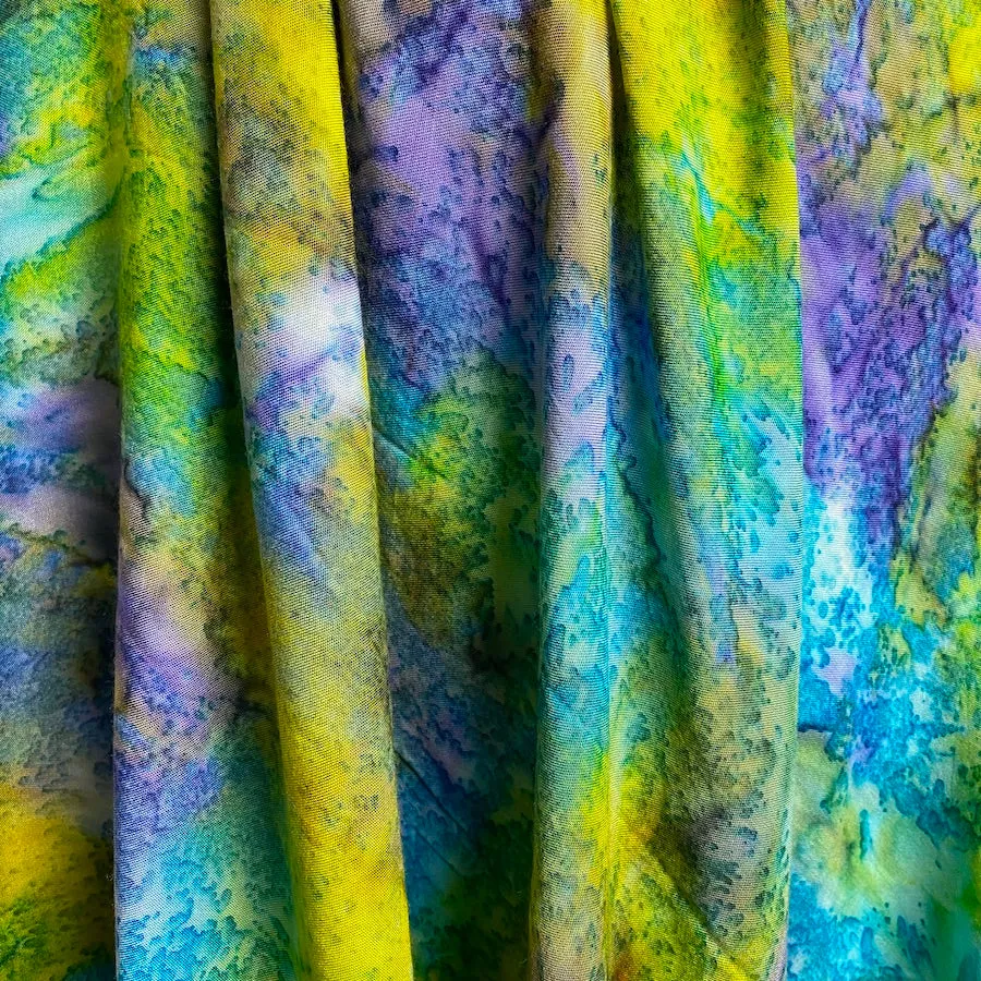 2.5-yard PIECE Hana, Tropical Turquoise/Lime Artisan Tie Dye Rayon Challis from India, #HB-273