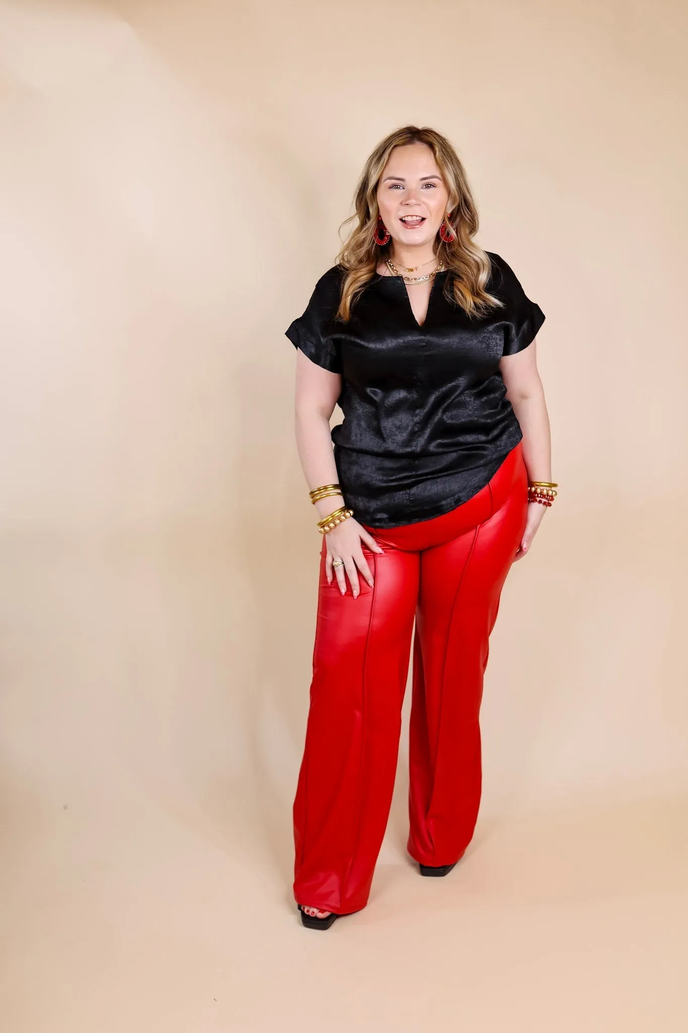 Advice For You Straight Leg Faux Leather Straight Leg with Front Seam in Red