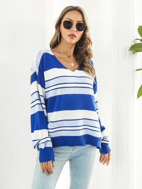 Autumn Saturday Striped V Neck Sweater