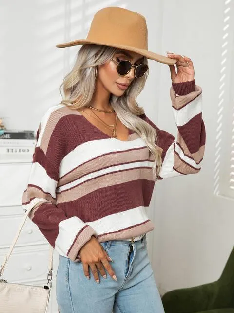 Autumn Saturday Striped V Neck Sweater