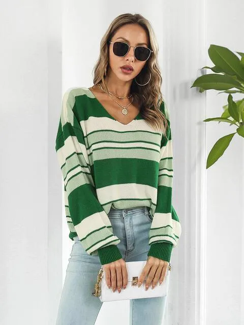Autumn Saturday Striped V Neck Sweater