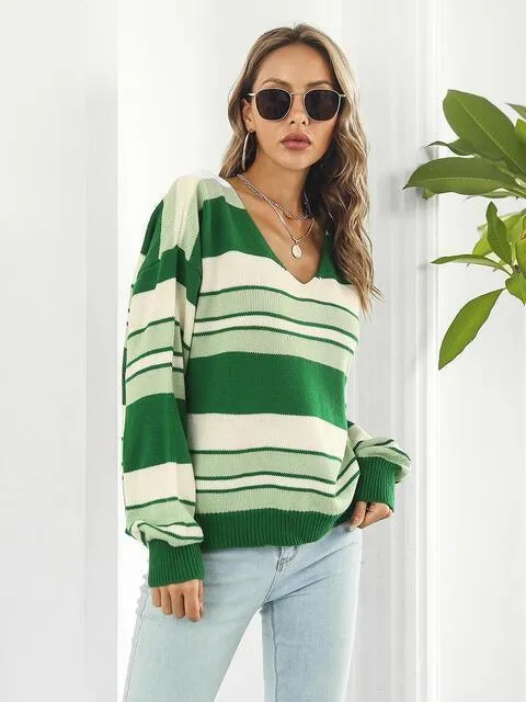 Autumn Saturday Striped V Neck Sweater