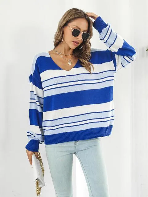 Autumn Saturday Striped V Neck Sweater