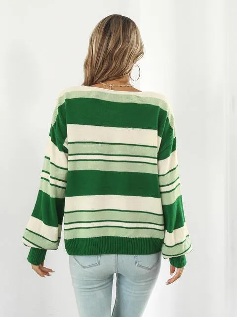Autumn Saturday Striped V Neck Sweater