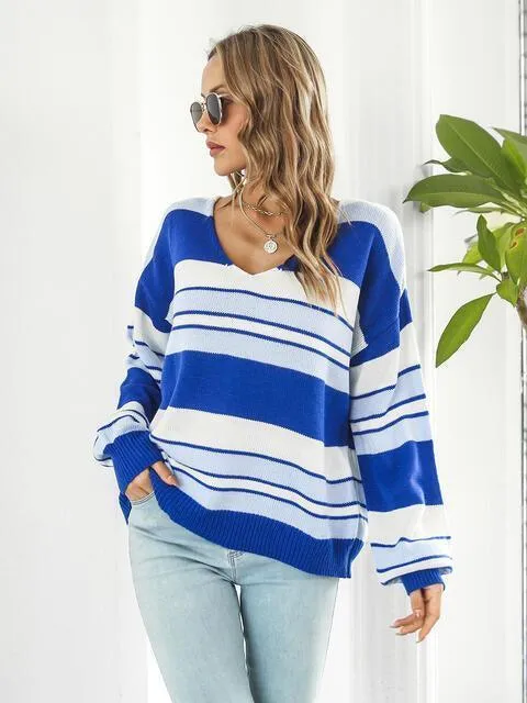 Autumn Saturday Striped V Neck Sweater