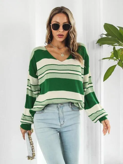 Autumn Saturday Striped V Neck Sweater