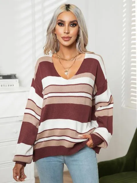 Autumn Saturday Striped V Neck Sweater