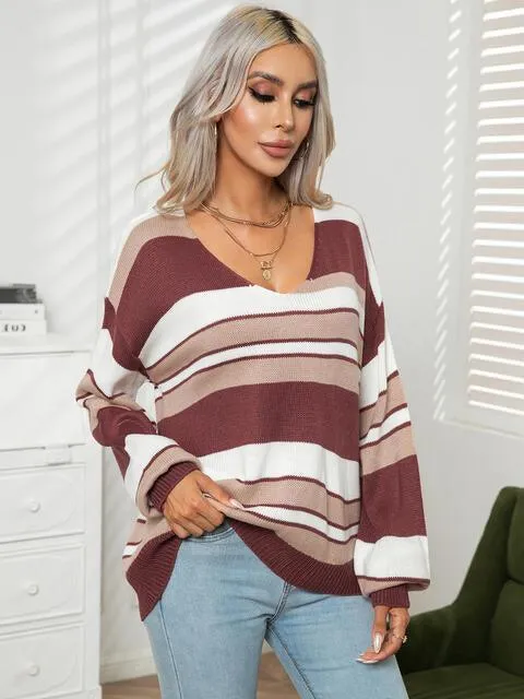 Autumn Saturday Striped V Neck Sweater