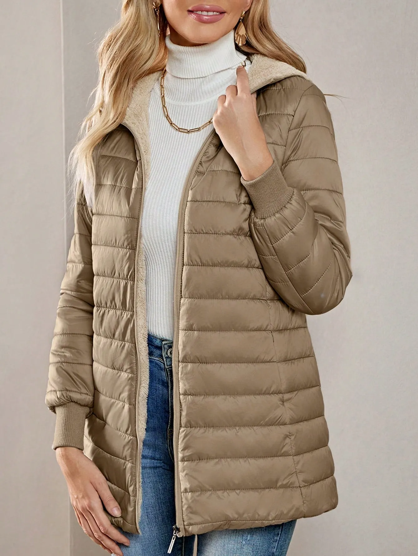 Aveloria Modichic Casual Versatile Solid Color Fleece Hooded Padded Padded Coat, Winter Clothes