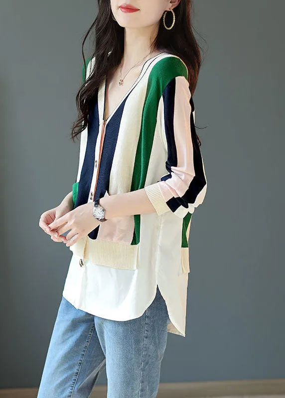 Chic Colorblock V Neck Patchwork Striped Knit Cardigans Spring