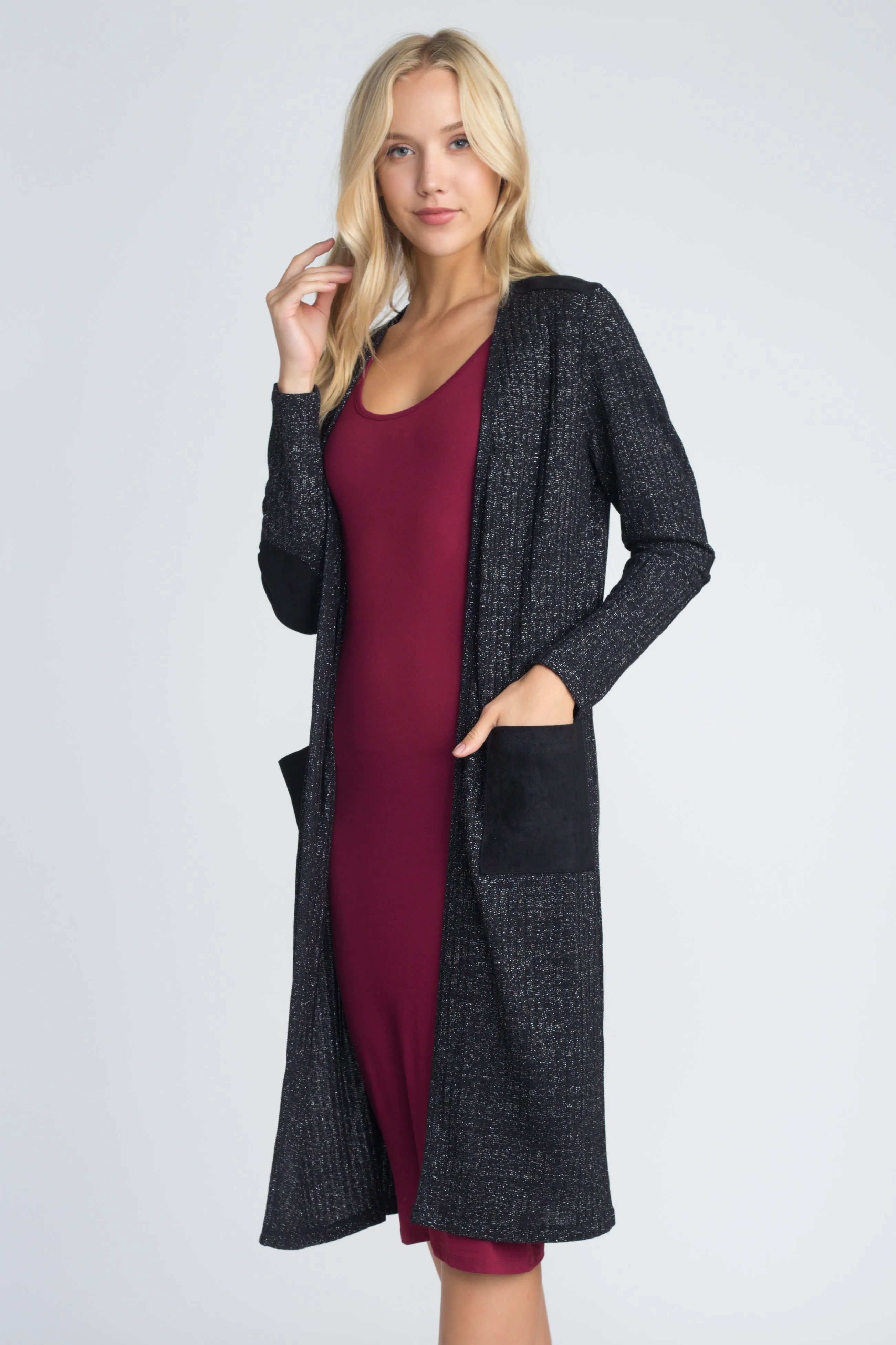 City Girl Faux Suede Patch Lurex Knit Duster Cardigan