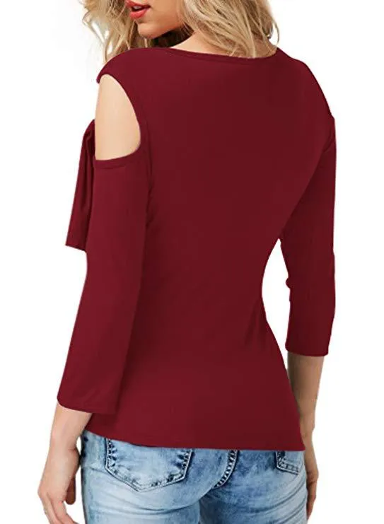 Cut Out Bear Shoulder Ruffles Slim T-shirt