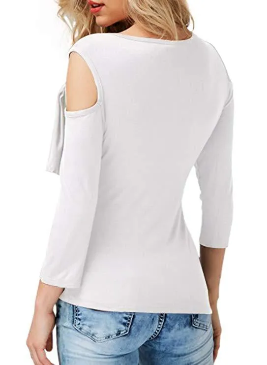 Cut Out Bear Shoulder Ruffles Slim T-shirt