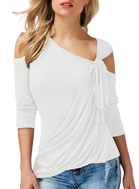 Cut Out Bear Shoulder Ruffles Slim T-shirt