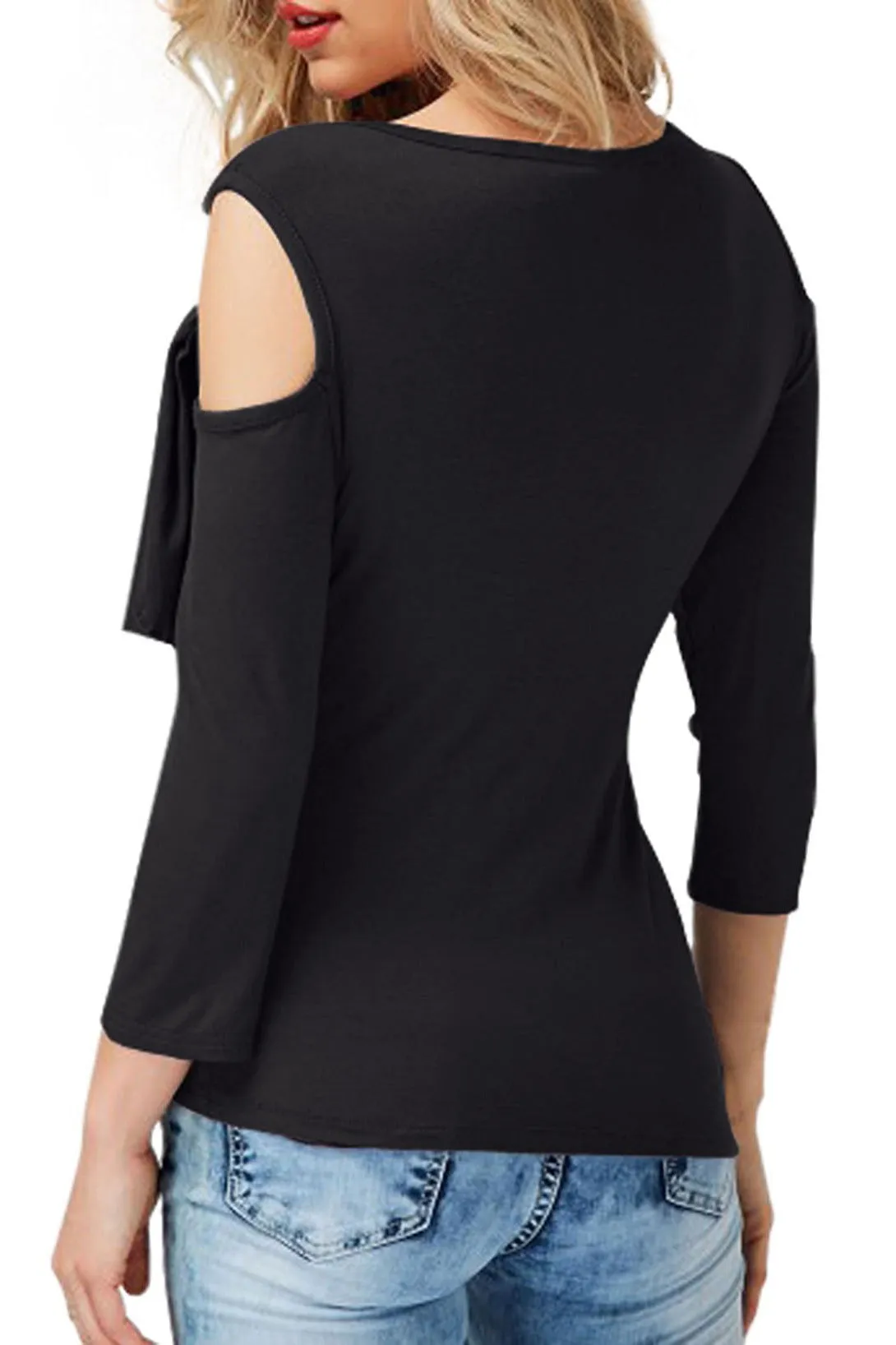 Cut Out Bear Shoulder Ruffles Slim T-shirt