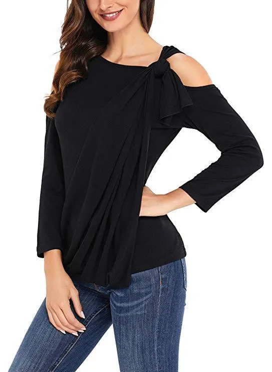 Cut Out Bear Shoulder Ruffles Slim T-shirt