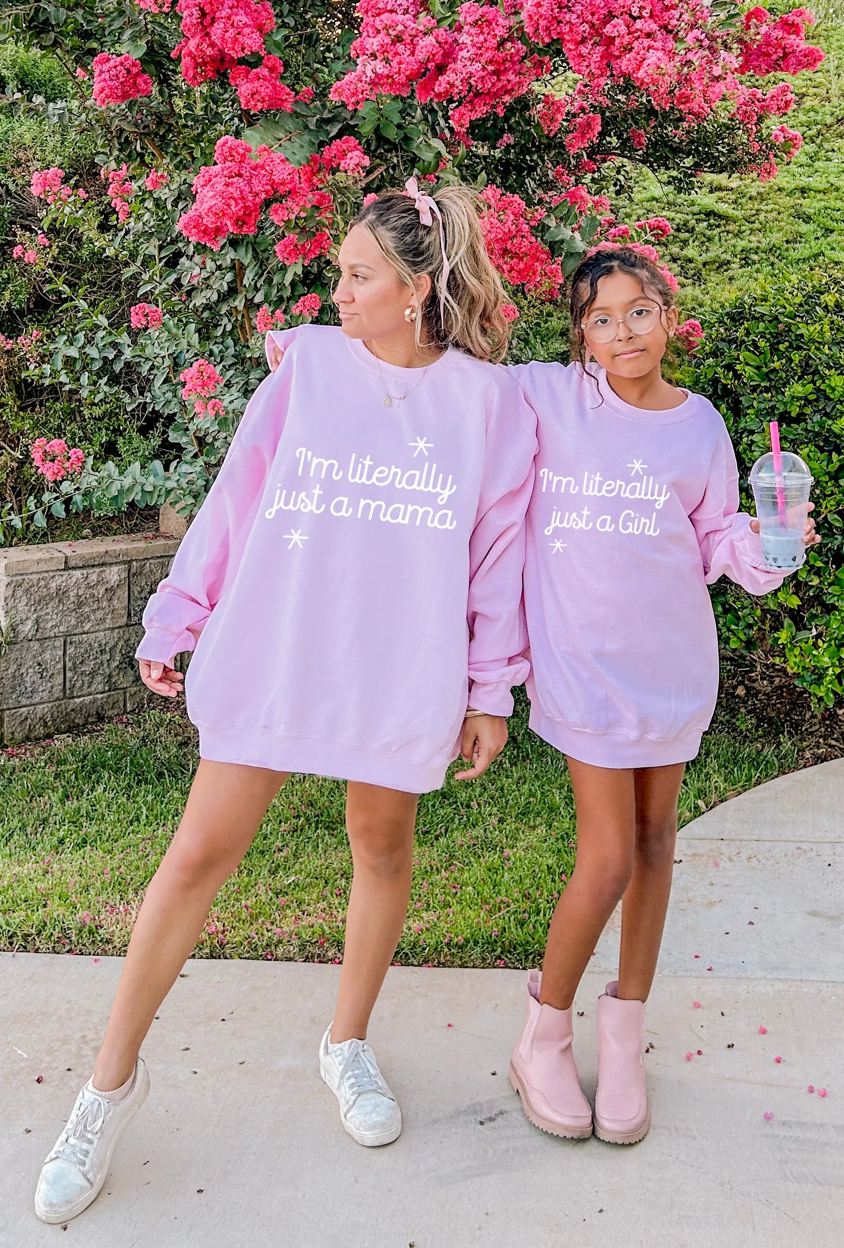 I'm literally just a Girl/Mama,  Mommy & Me Sweatshirts -Pink Crewneck Letter Graphic, Oversized