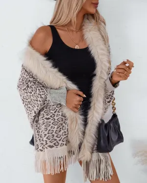 Leopard Pattern Batwing Sleeve Fluffy Detail Tassel Design Cape Cardigan