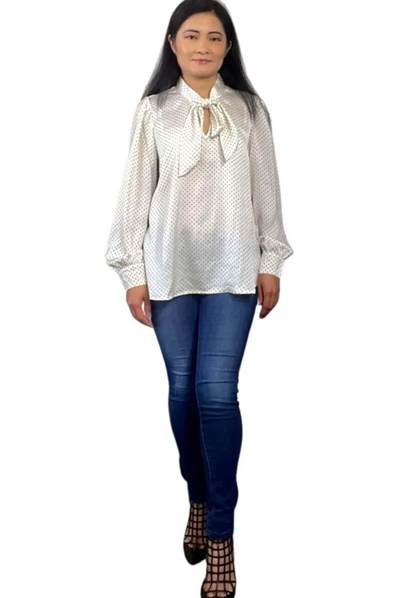 Pin Dot Tie Neck Satin Blouse