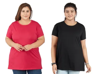 Plus Size Plain Cotton T-Shirts For Women Pack of 2 (Black & Pink)