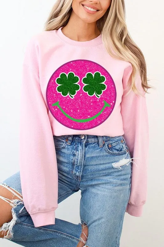Smile Face Glitter Graphic Fleece Sweatshirt