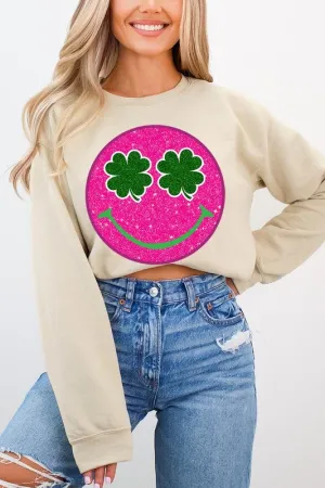 Smile Face Glitter Graphic Fleece Sweatshirt