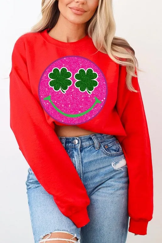 Smile Face Glitter Graphic Fleece Sweatshirt