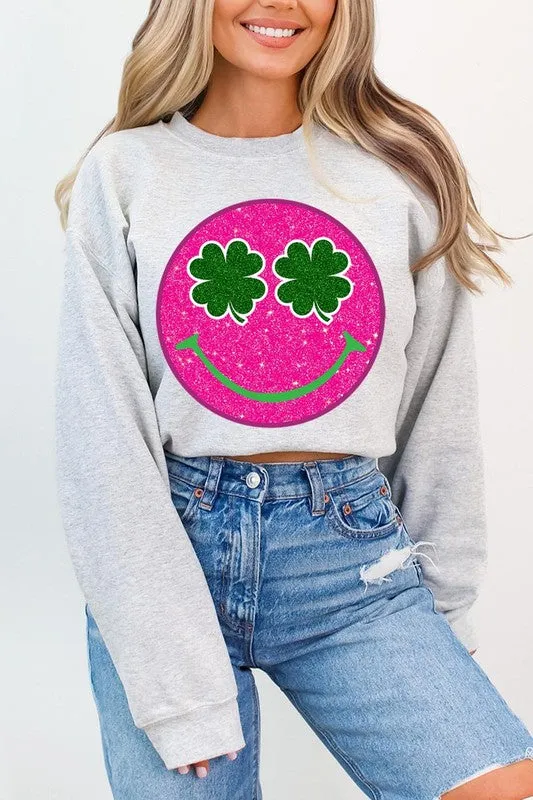 Smile Face Glitter Graphic Fleece Sweatshirt