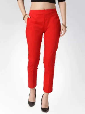 Women Red Smart Slim Fit Solid Regular Trousers
